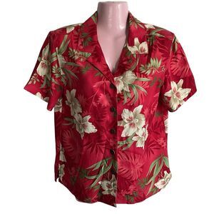 Caribbean Joe Shirt Womens Small Red Collar Notch Tropical Floral Hawaiian NEW